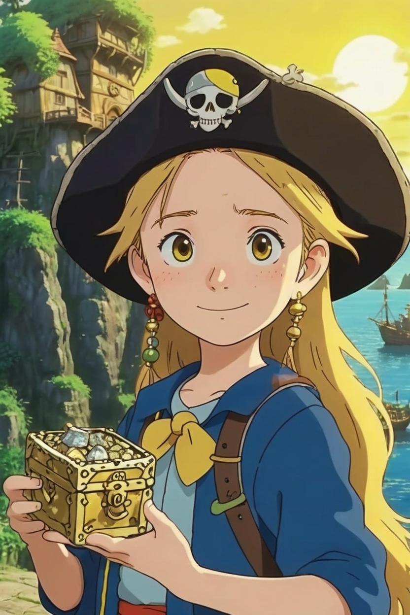 Artificial Intelligence (AI) generated image art, woman, As a young piratewith treasure, detailed, golden hour, by studio ghibli, Hayao Miyazaki, animated, cartoon
