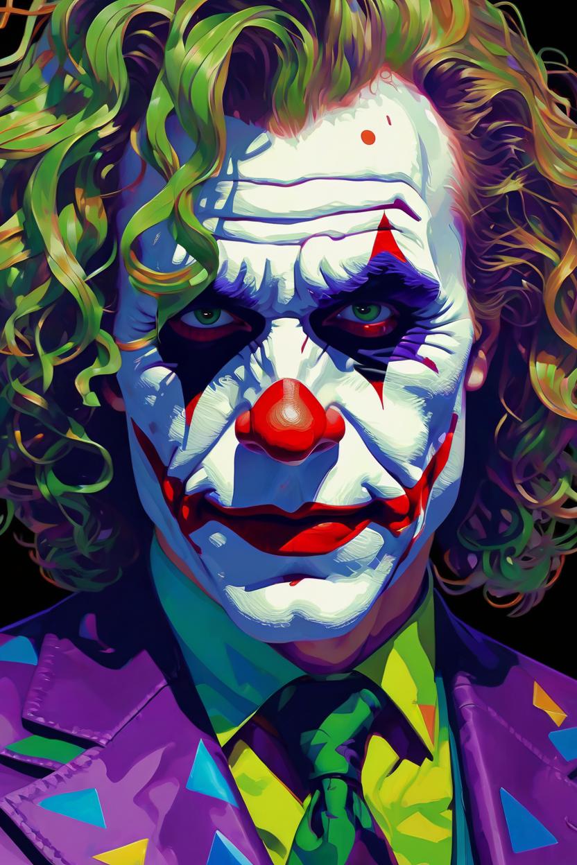 Artificial Intelligence (AI) generated image art, man as the Joker, mental breakdown, intricate, elegant, wavy, zig zag, jagged, varnished, rgb crt scanlines, highly detailed, smooth, sharp focus, award - winning, masterpiece, in the style of tom bagshaw, cedric peyravernay, peter mohrbacher, pinterest