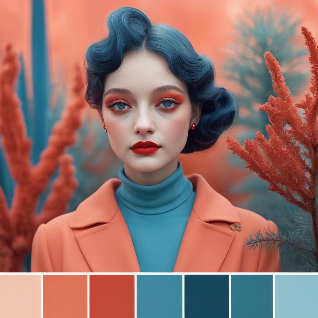 Artificial Intelligence (AI) generated image art, woman, Art Deco Glamour Classic Blue, Pantone 19-4052, Flame Scarlet, Pantone 17-1544, Forest Biome, Pantone 19-0622, Sunlight, Pantone 13-0822, Coral Sand, Pantone 16-1338