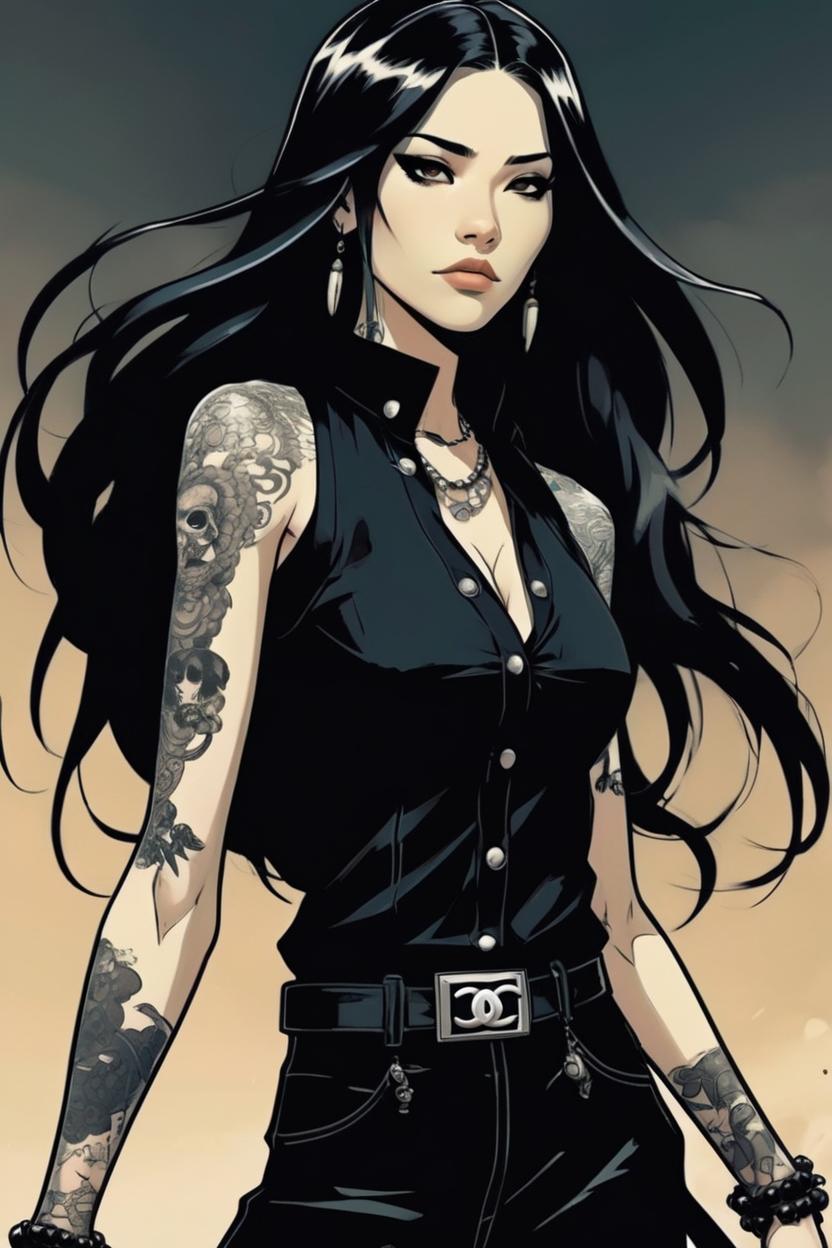 Artificial Intelligence (AI) generated image art, woman is the main character in a manga, wearing all black chanel clothing, shoulders arms and neck are tattoed, long black hair, in graphic novel frank miller style, digital art