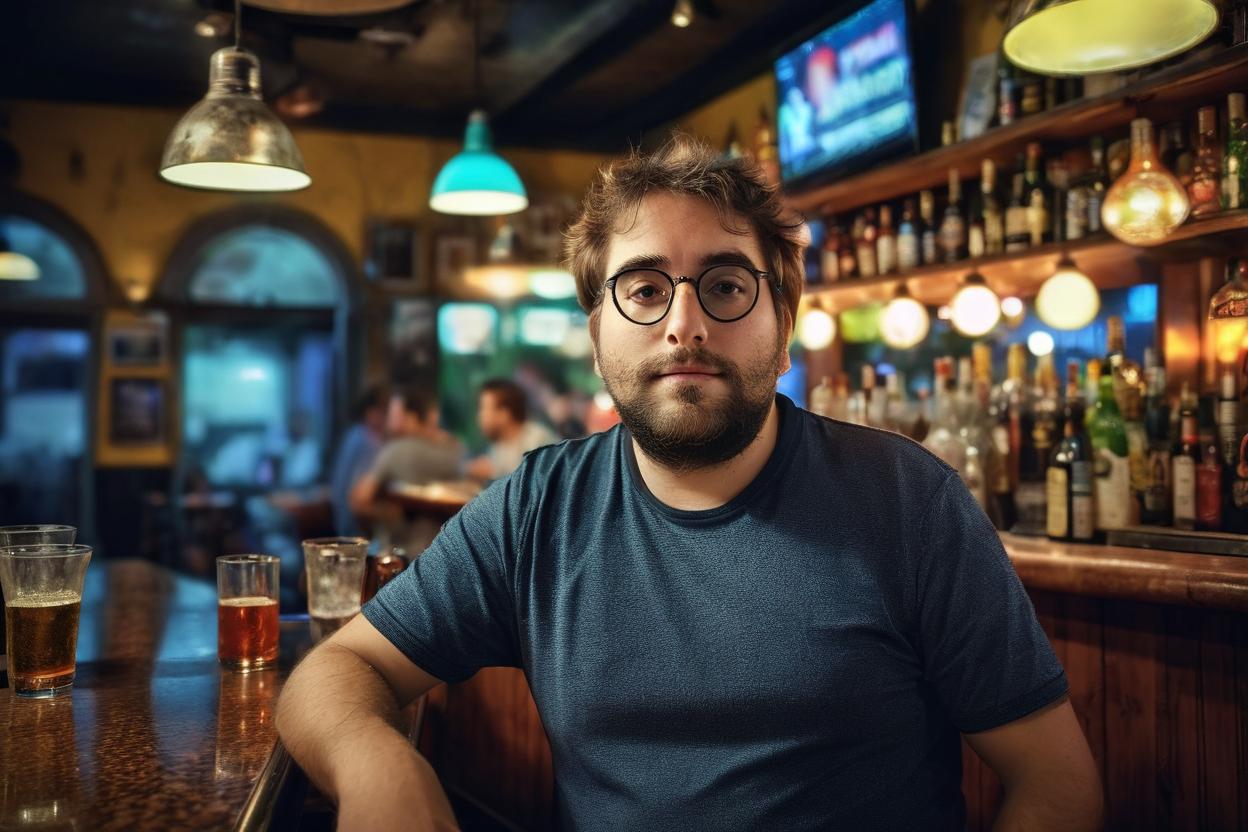Artificial Intelligence (AI) generated image art, man, portrait, Inside a cool nightbar, Shot on Hasselblad H6D-400c lens, ultra high definition, ultra-realism, ultra realistic, young, beautiful. Extremely detailed photograph, stunning quality, beautiful lighting, creating a masterpiece, award-winning photograph, cool and confident pose
