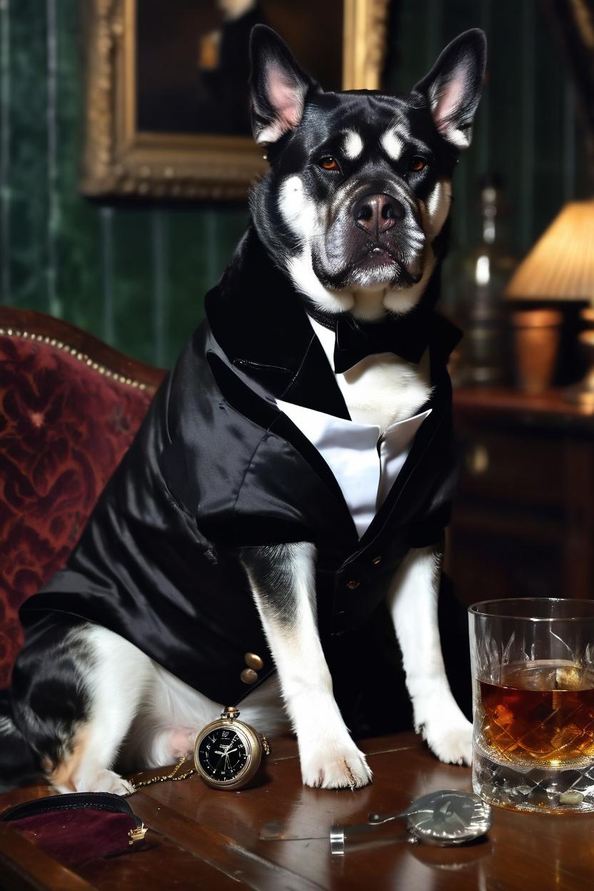 Artificial Intelligence (AI) generated image art, dog, British aristocrat in smoking jacket, dark billard room background, pocket watch, glass of whisky