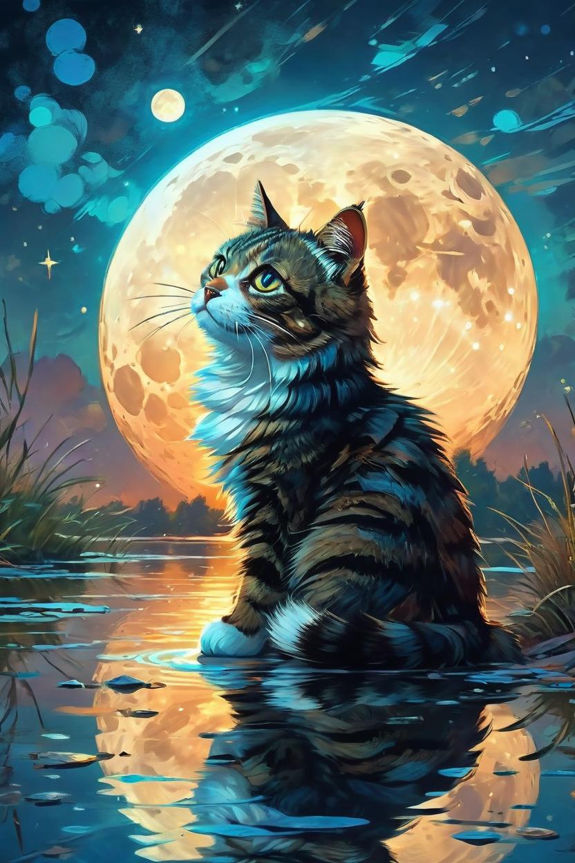 Artificial Intelligence (AI) generated image art, cat as a beautiful cat, fantasy art, medium shot, asymmetrical, intricate, elegant, illustration, by rhads, by greg rutkowski, by greg tocchini, by james gilleard, by joe fenton accurate, realistic, cute, funny, magical,very starry sky, full moon reflecting on a lake.