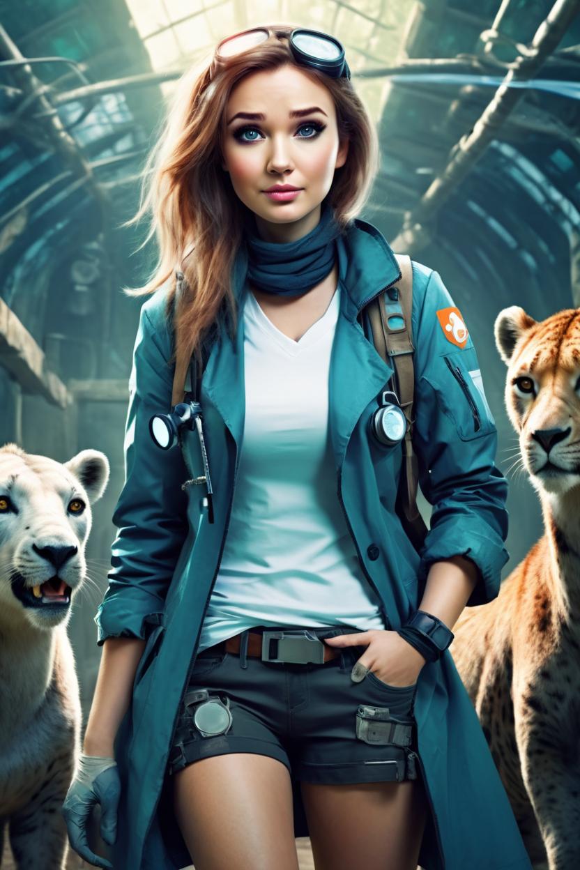 Artificial Intelligence (AI) generated image art, woman as beautiful cute post apocalypse veterinarian, in the zoo, futuristic, illustration