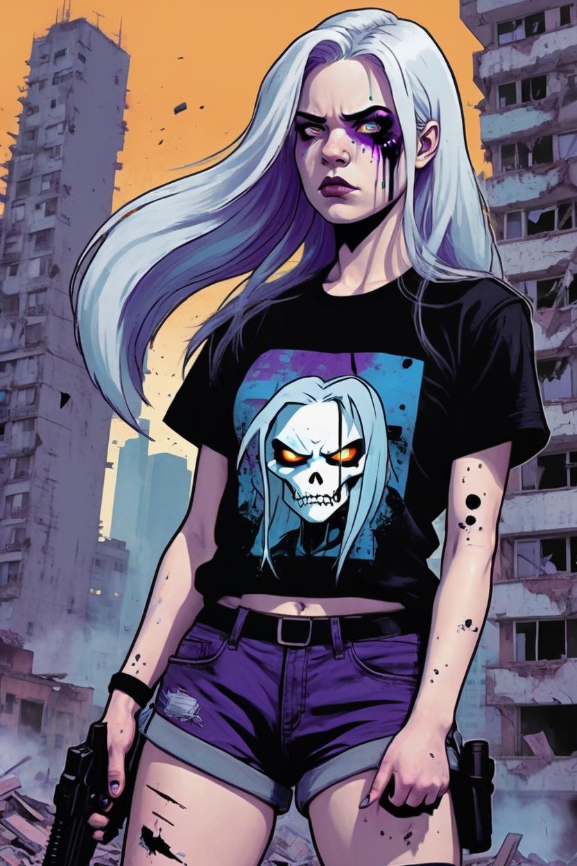 Artificial Intelligence (AI) generated image art, woman, comic book art, comic book, cartoon art style, cartoon, long white hair,, black clothes, wearing shorts, black top, half cyborg, feminine body, cartoon, calm, apocalypse, blues and purple colors, blacks and burnings buildings in the back, she’s holding up a gun , cuts and bruises, cartoon style!!! , hot, guns up, apocalypse shirt