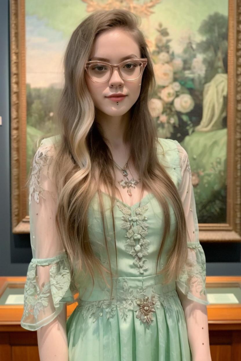 Artificial Intelligence (AI) generated image art, woman, pretty girl, thin nose, long highlighted hair, glasses, piercings, 4k, ultra detailed, realistic, photo, intricate detail, feminine, instagram model, posing in front of a painting at a museum, artistic, classy style, wearing a pale light green dress with transparent sleeves