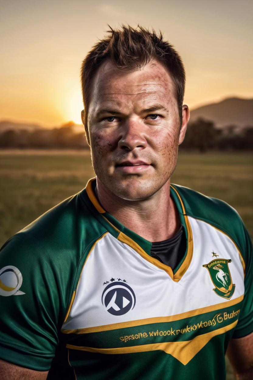 Artificial Intelligence (AI) generated image art, Handsome fullbody representation of the strong springbok rugby player, wearing springbok rugby jersey with rugby ball man, war hero, tired expression, full body, (leave space above head), (photorealistic), cinematic lighting, dramatic sunset, caustics, digital, epic scene, by gaston bussiere, bayard wu, greg rutkowski, giger, maxim verehin