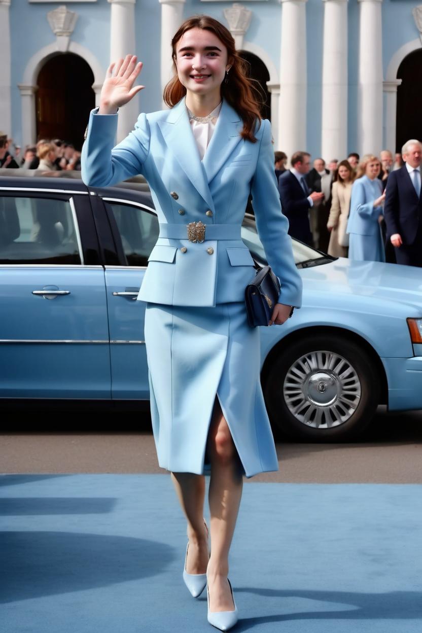 Artificial Intelligence (AI) generated image art, woman, on a a full-body royal portrait, as a member of modern-day British royalty, in a pale blue, monochromatic, formal outfit, walking out of a limousine, waving to her people