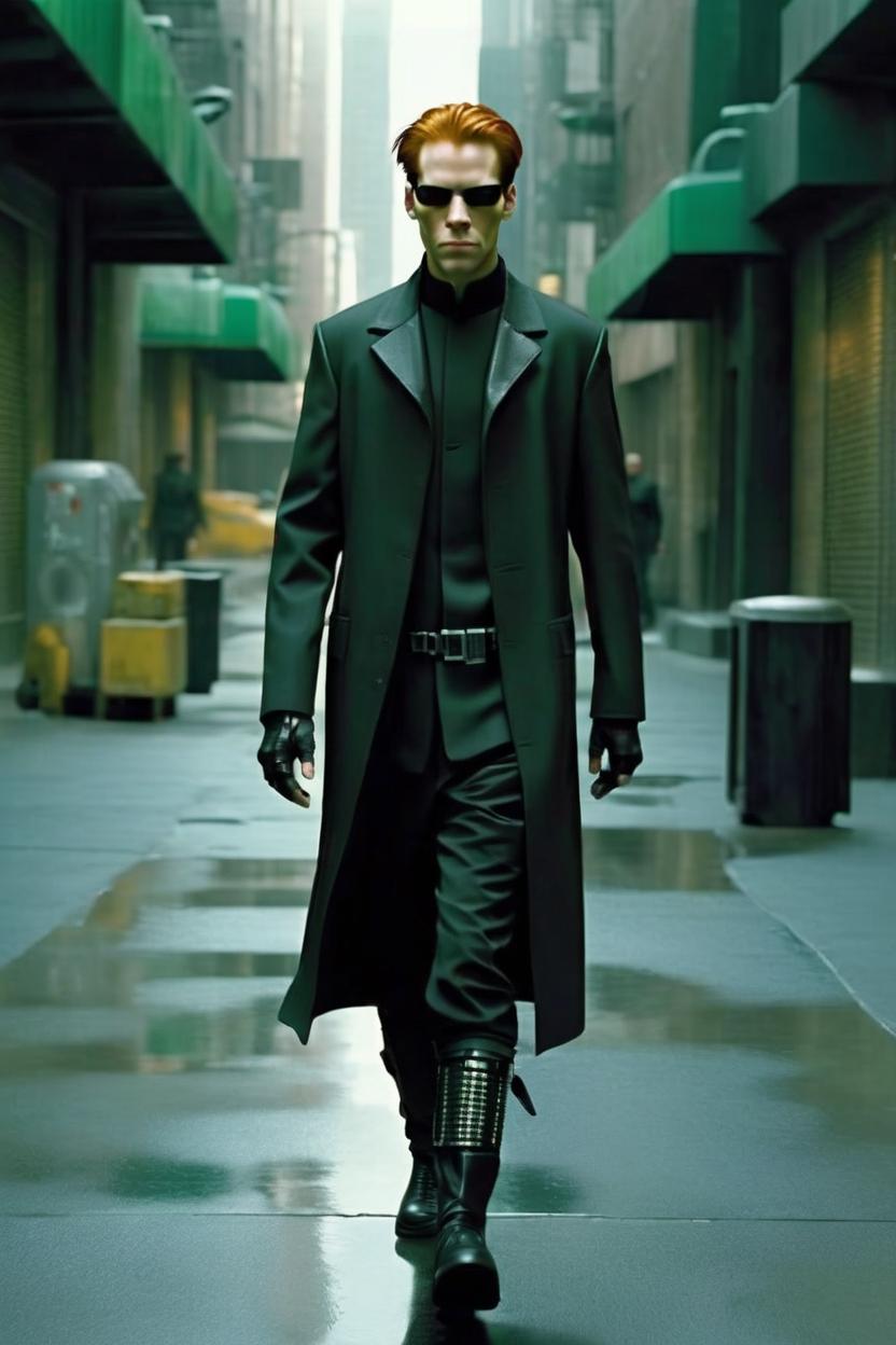 Artificial Intelligence (AI) generated image art, man is neo in the movie the matrix and he’s in the matrix dressed in a futuristic but still works in modern time alter ego outfit. He is ginger hair,He ominously walks alone straight for you, he's walking like he owns the city and is a god.