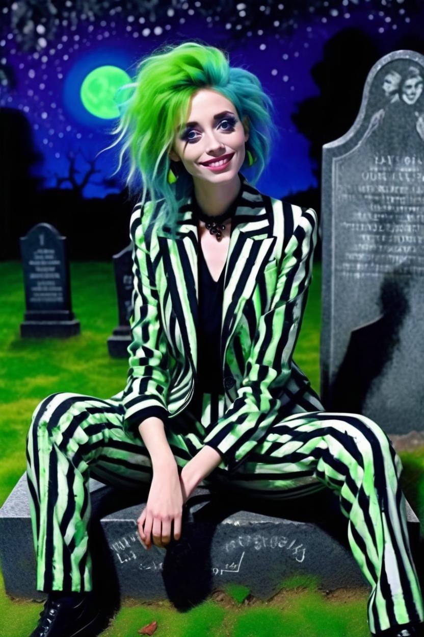 Artificial Intelligence (AI) generated image art, woman, tim burton beetlejuice style animation, black and white striped suit, , green moss like hair, masterpiece art painting, sitting on a gravestone, mischievous smiling, blue eyes, full moon, sandworms in background, neon green and bright purple overlay, black and white stripes zig zag every where, ghostly
