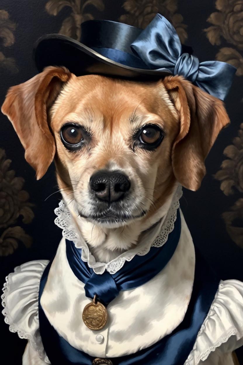 Artificial Intelligence (AI) generated image art, dog, as a victorian lady, oil painting portrait, wearing a costume from the 1800s, navy cravat, dark black wallpaper in the background, (identical and realistic head), (ultra realistic, hyperdetail, 8 k, very detailed), noble