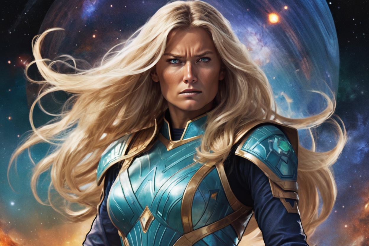 Artificial Intelligence (AI) generated image art, woman as galaxy empress, long flowy blond hair, tan skin, fighting in galactical wars, artistic illustration, majestic figure, comic style