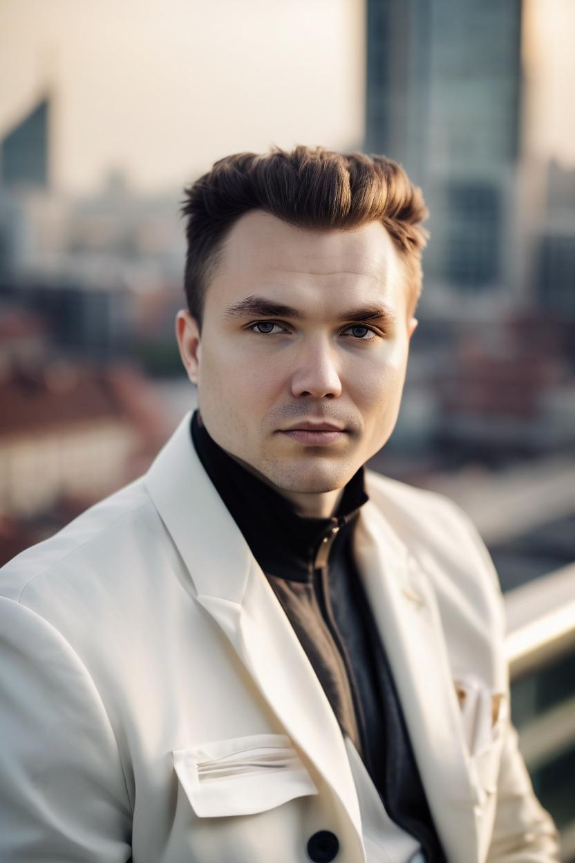 Artificial Intelligence (AI) generated image art, man, In a white, tailored blazer with a single button. Hair styled in loose, flowing waves. Facial expression is calm, with a hint of confidence. Lighting is soft and diffused, imitating natural sunlight. blurred background of cityscape or architectural elements, indicating an urban setting. warm and natural tone colors. The overall mood of the image should evoke a sense of empowerment and sophisticated style. by gaston bussiere, bayard wu, greg rutkowski, giger, maxim verehin