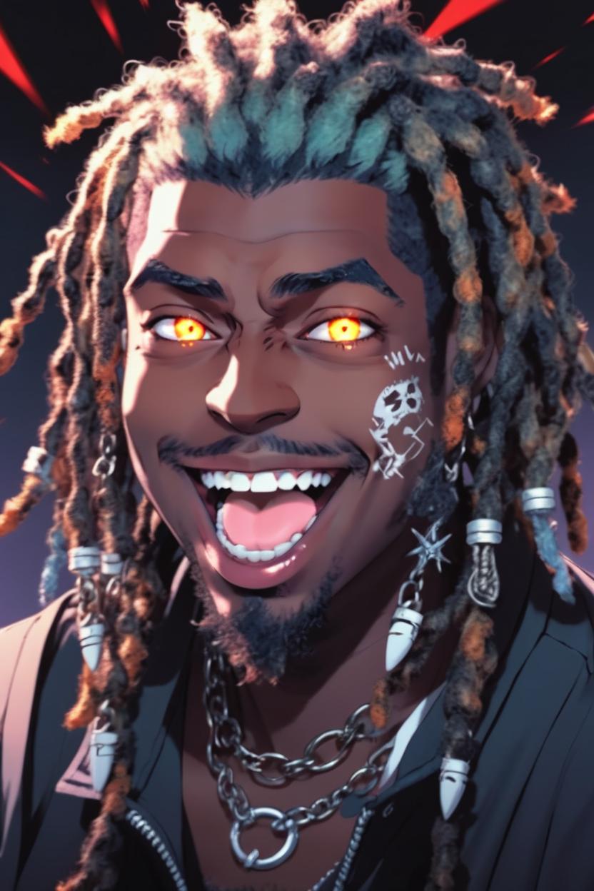 Artificial Intelligence (AI) generated image art, man, long dreads, as anime vampire guy laughing hysterically, anime guy from Moka Akashiya Rosario Vampire Kakegurui, long canines, extreme drama, glowing eyes, dark anime style, illustration