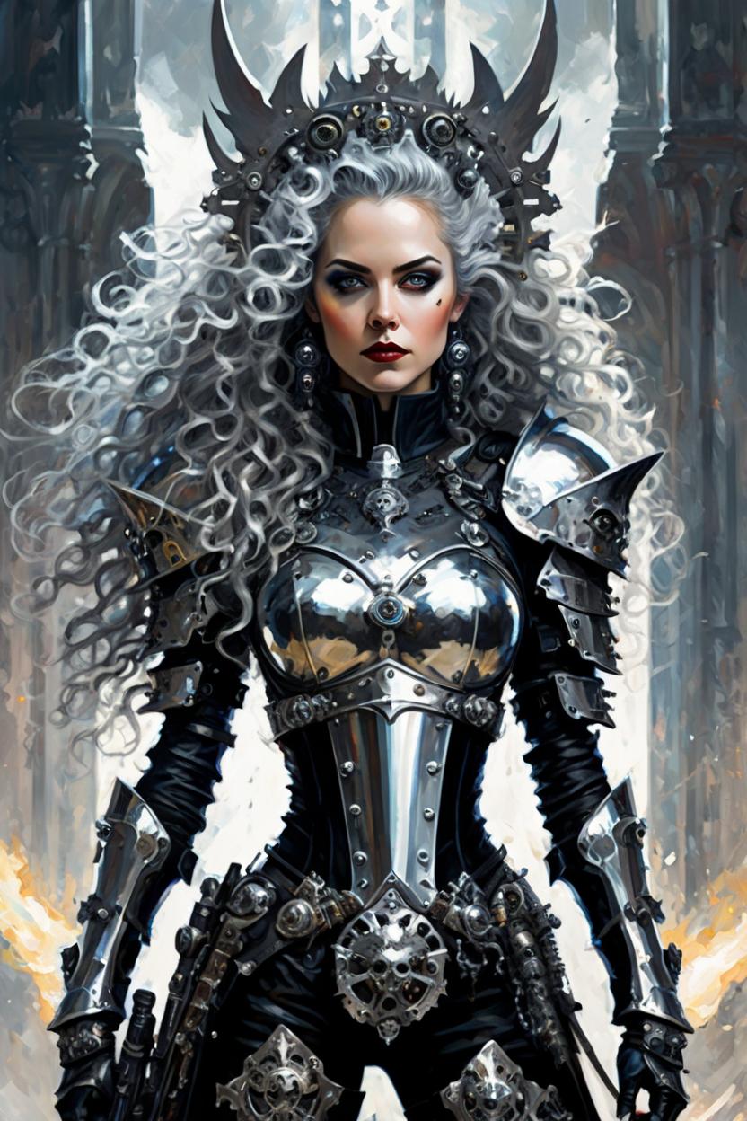 Artificial Intelligence (AI) generated image art, Impressionist painting Gothic style of woman, (full body image with nothing cropped out), woman is dressed as a mechanical battle harden warrior with a heads up display. dark digital fantasy high tech world. sinister vibes, intimidating presence . Dark, mysterious, haunting, dramatic, ornate, detailed, silver, naturally curly hair falls over shoulders, armor boots, imperial solider, royal queen, massive greatsword, (from the side view) . Loose brushwork, vibrant color, light and shadow play, captures feeling over form