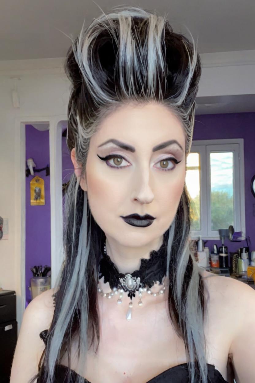 Artificial Intelligence (AI) generated image art, woman, as the bride of frankenstein, with a very tall beehive hairdo, and lightning white streaks on the side of the beehive hairdo. black lipstick.