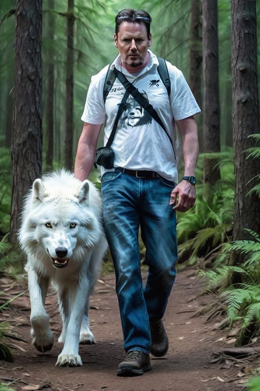 Artificial Intelligence (AI) generated image art, man, walking with large white wolf, forest , photo, realistic, intense and determined look