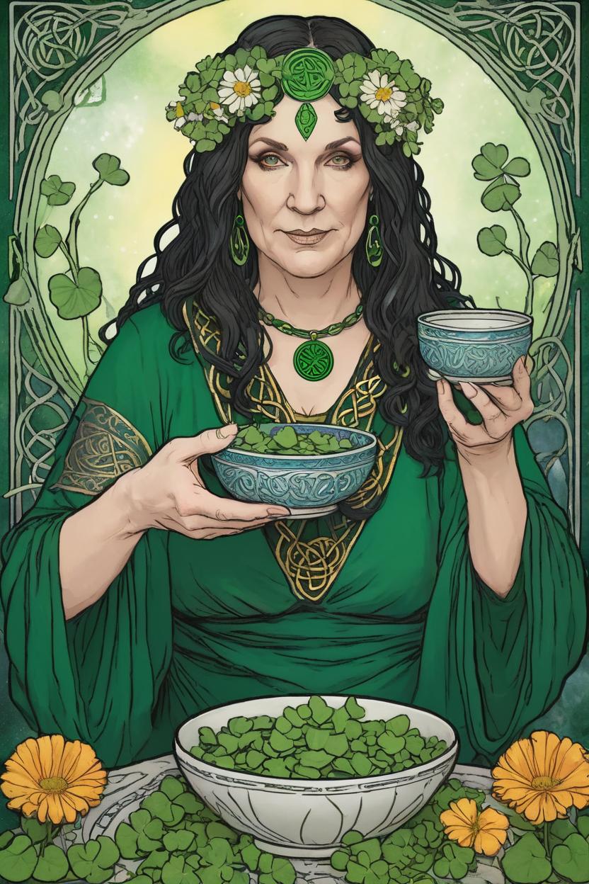 Artificial Intelligence (AI) generated image art, woman, as Celtic goddess Danu, holding an bowl of shamrocks and flowers in one hand, looking ethereal and serene, in the style of tarot card art