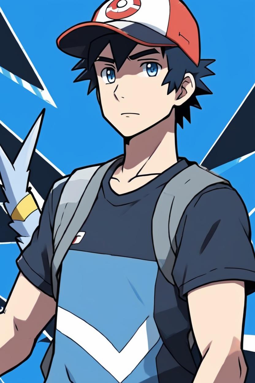 Artificial Intelligence (AI) generated image art, man, as Ash from the anime Pokemon, ((anime art)), ((in style of Pokemon anime)), ((2D art)), with spiky black hair and a cap on his head, on a blue background with dynamic, blurry vertical lines