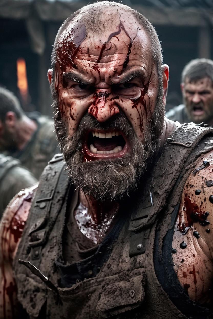 Artificial Intelligence (AI) generated image art, philbert, looking very angry, covered in blood and mud, epic battle scene, realistic, movie lighting