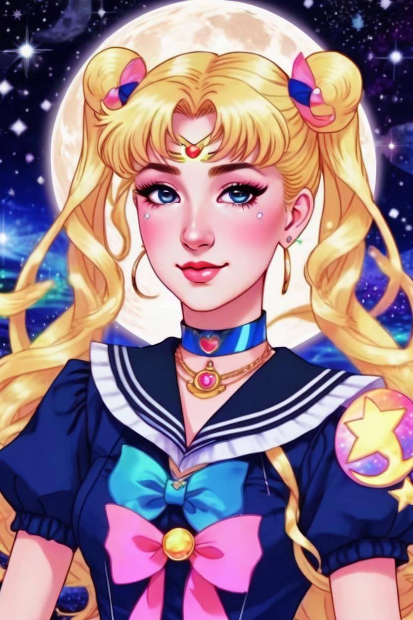 Artificial Intelligence (AI) generated image art, woman, as Serena in sailor moon, (do not change her face), she is wearing girly sailor suit, blonde hair in two long pigtails, cosmic power, she is the moon princess, crescent moon behind her, highly detailed illustration, colorful Crystal palace is in distance