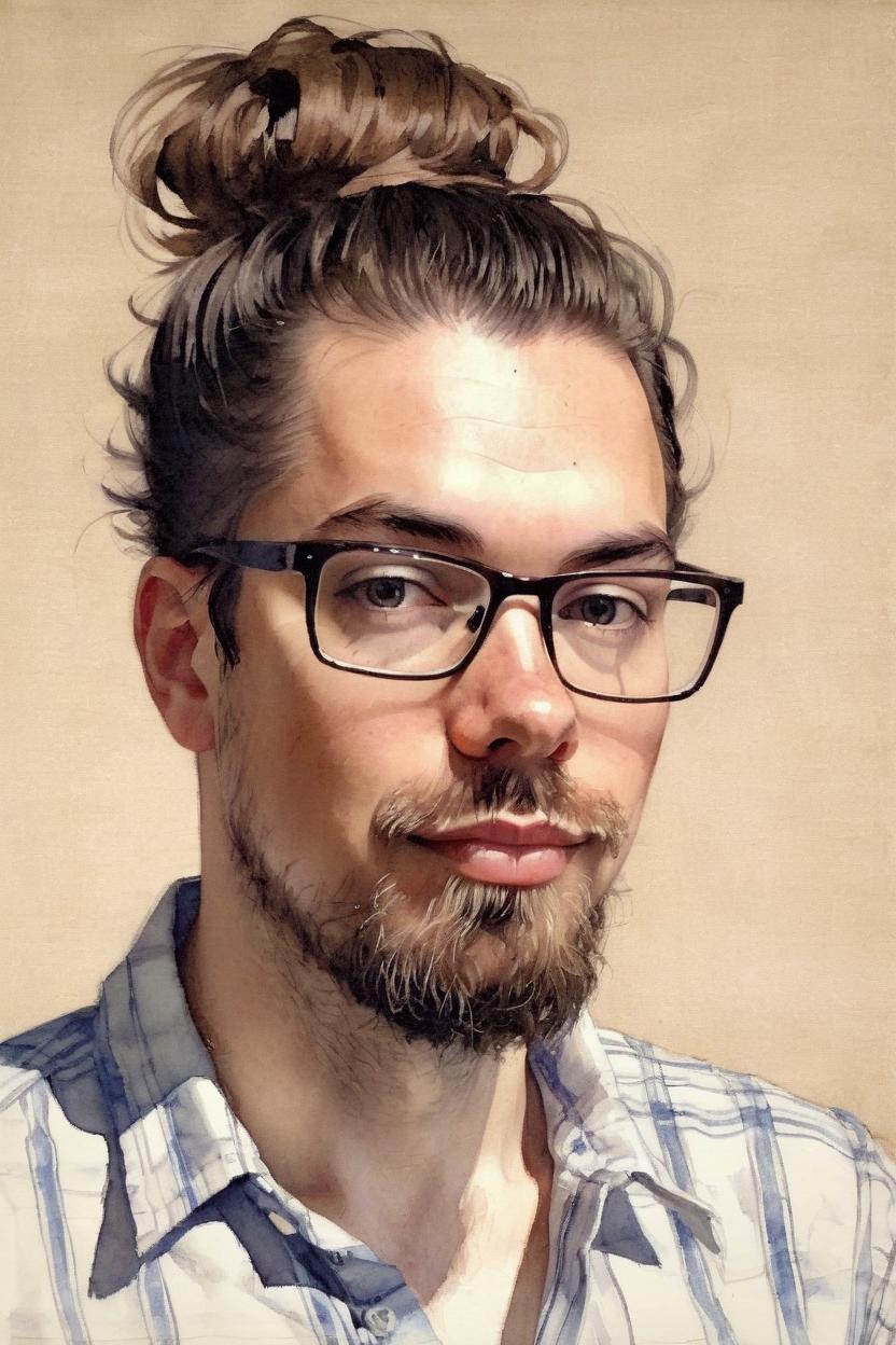 Artificial Intelligence (AI) generated image art, Watercolor painting of young man by J.C. Leyendecker, upper body, tan skin, glasses, wearing an unbottoned shirt, fashionable, brunette, 1950s, long hair in hait bun