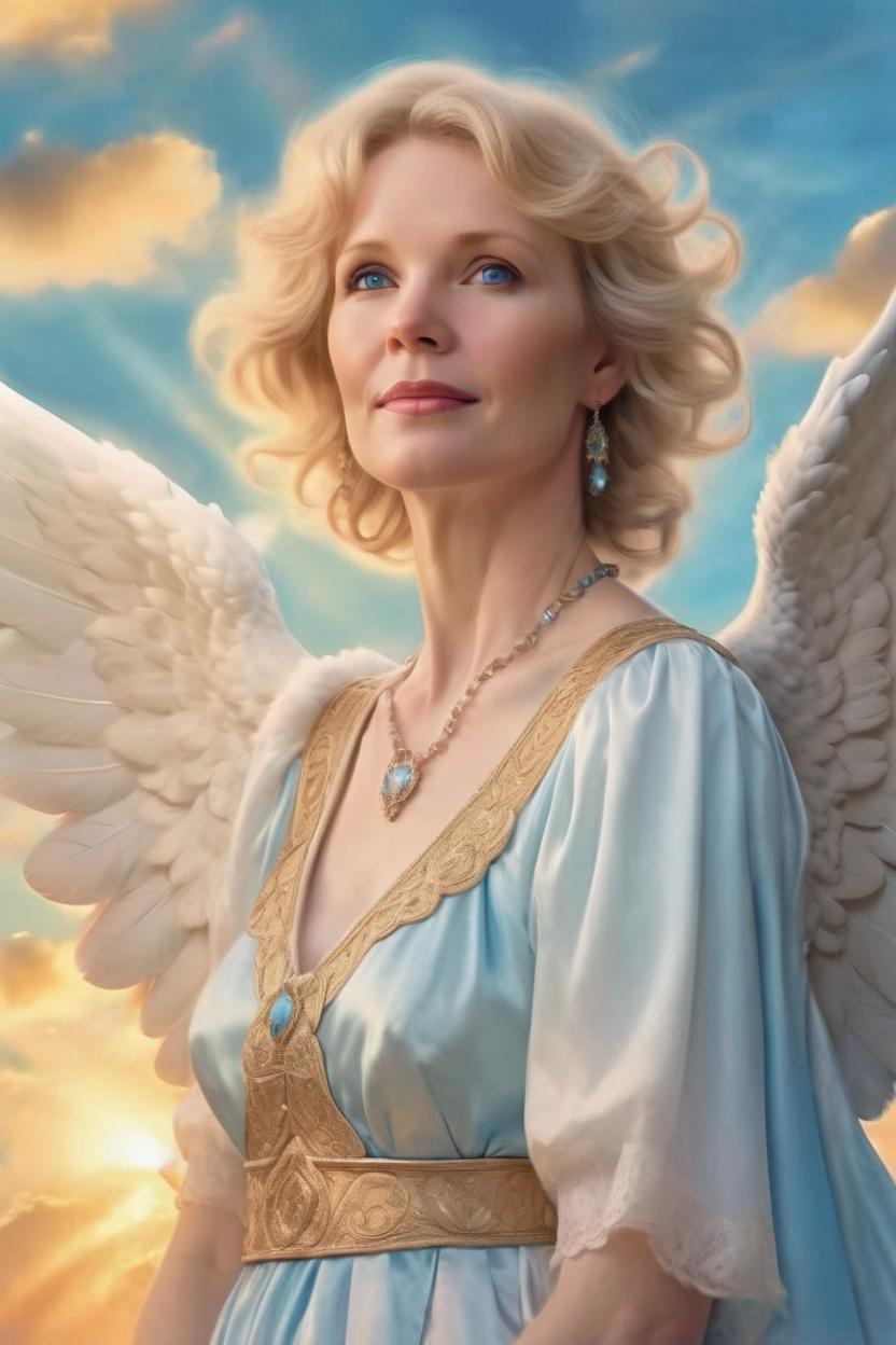 Artificial Intelligence (AI) generated image art, woman is a beautiful angel, illustration, angelic, she is 40 years old, a pair of wings symmetrical, pale skin, blue eyes, peaceful expression on her face, floating among the clouds, medium sandy blonde hair, magical, surreal, highly detailed, heaven, angelic appearance, vibrant pastel colors, sunset colored clouds in the background ((torso portrait))artistic, celestial