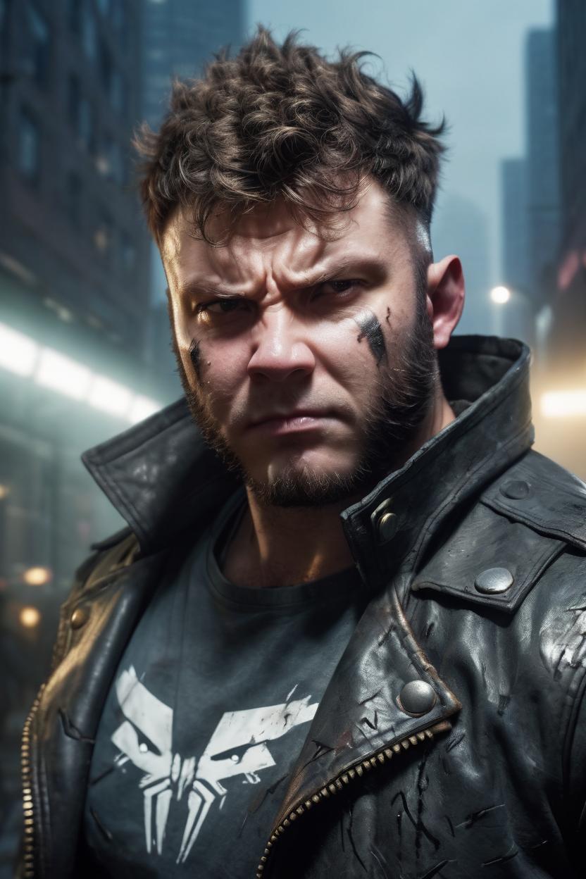 Artificial Intelligence (AI) generated image art, man, A hyper-realistic portrait of a Wolverine-inspired character based on a real person. The character has thick, wild hair with distinct sideburns, piercing eyes full of intensity, and a rugged, muscular physique. He is dressed in a dark, battle-worn leather jacket with metallic claws extended from his knuckles. He stands in a dynamic pose, ready for combat. The lighting is dramatic, casting deep shadows across his face, highlighting scars and battle marks. The background is a misty, urban battlefield, with a cinematic, action-packed atmosphere. Ultra-detailed, cinematic lighting, sharp focus, realistic textures