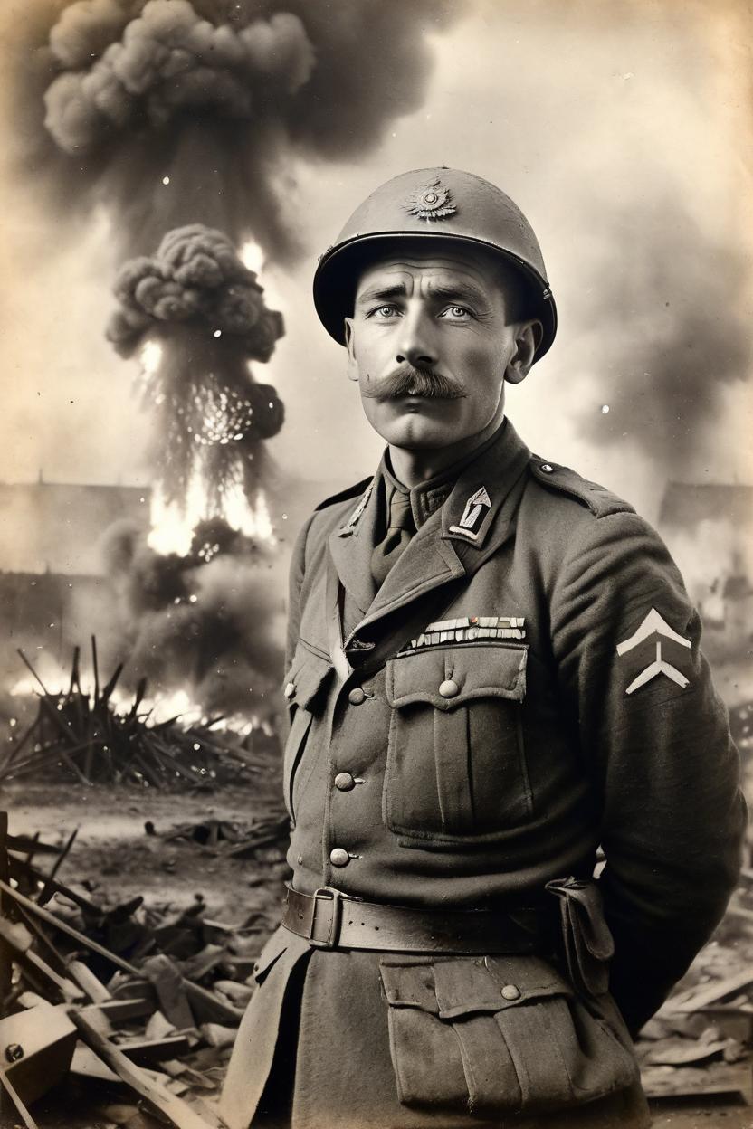 Artificial Intelligence (AI) generated image art, photo of beautiful man, b&w, 1900 photograph, vintage, portrait, photorealistic, asvperiod world war one british soldier, world war one battle explosions in background, art by artgerm, contrast