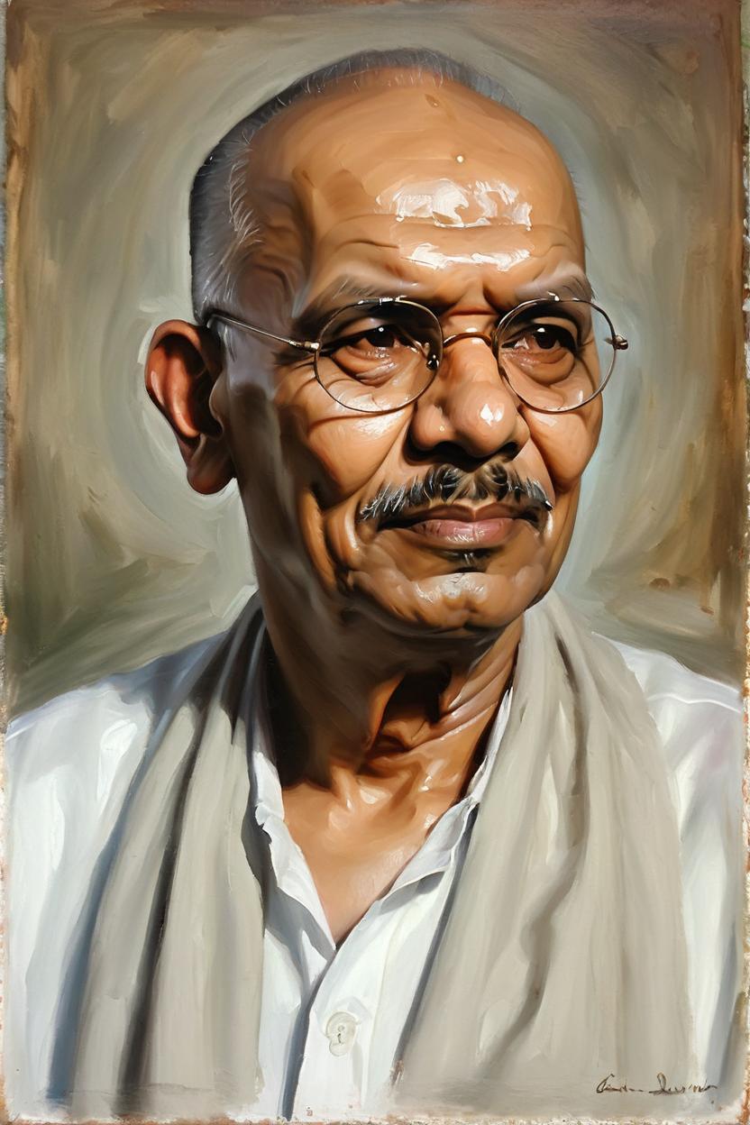 Artificial Intelligence (AI) generated image art, man, as mahatma ghandi, oil painting portret, (identical and realistic head), (realistic)