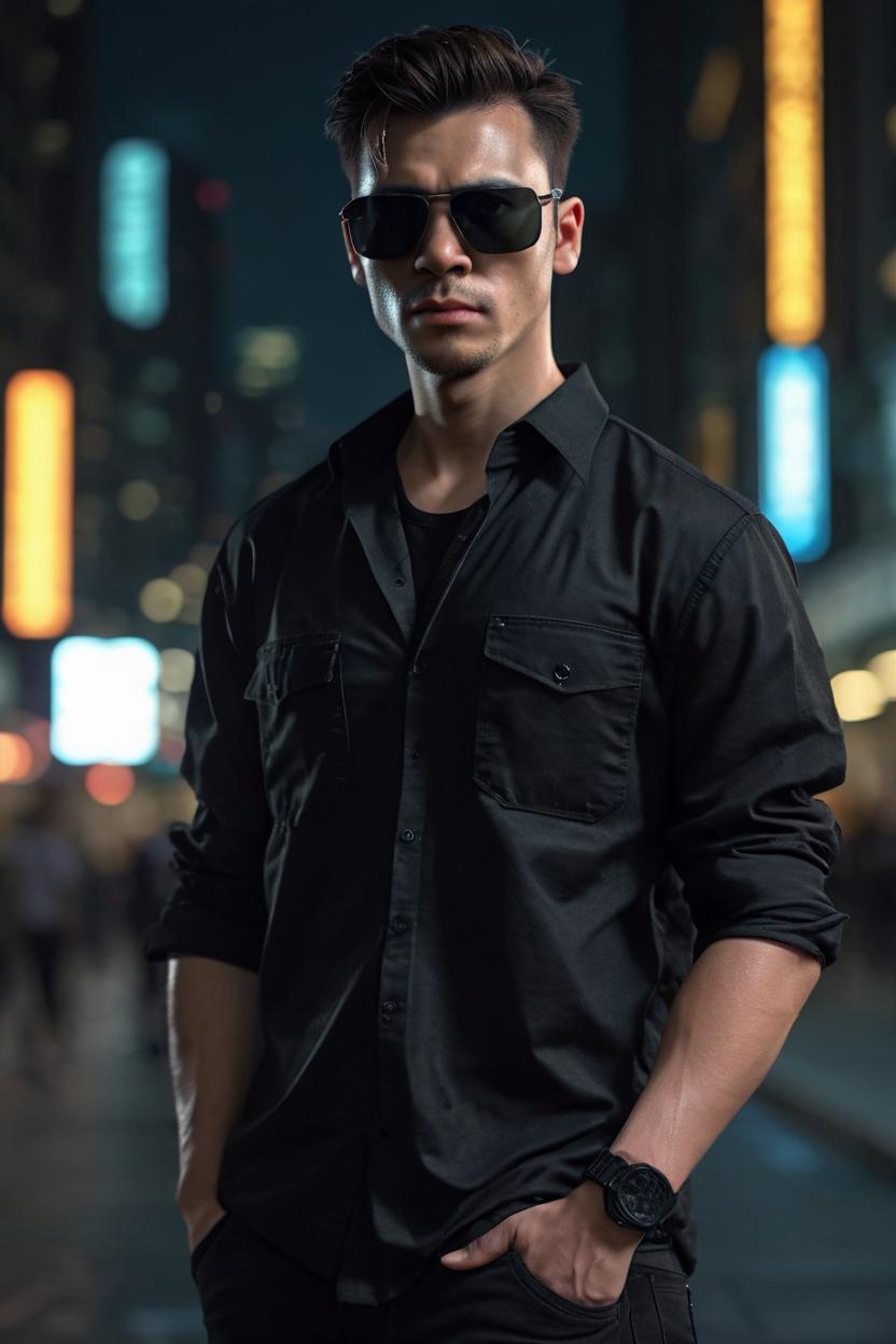 Artificial Intelligence (AI) generated image art, night portrait, ((dark lighting)), (urban background), photorealistic, cinematic, highly detailed, sharp focus (((60 kilogram))), (((fit body))), (((healthy)) (( 20 years old)) wearing sunglasses and a black unbuttoned shirt, highly detailed, UHD, 8K, Ghost in the shell, Blade Runner, Trending on artstation, bokh, dof