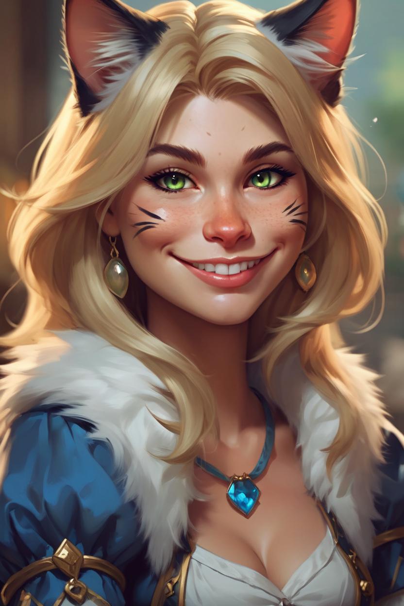 Artificial Intelligence (AI) generated image art, woman as a cute little anthropomorphic cat (do not alter model’s face) and adorable, pretty, beautiful, dnd character art portrait, matte fantasy painting, deviantart artstation, by jason felix by steve argyle by tyler jacobson by peter mohrbacher