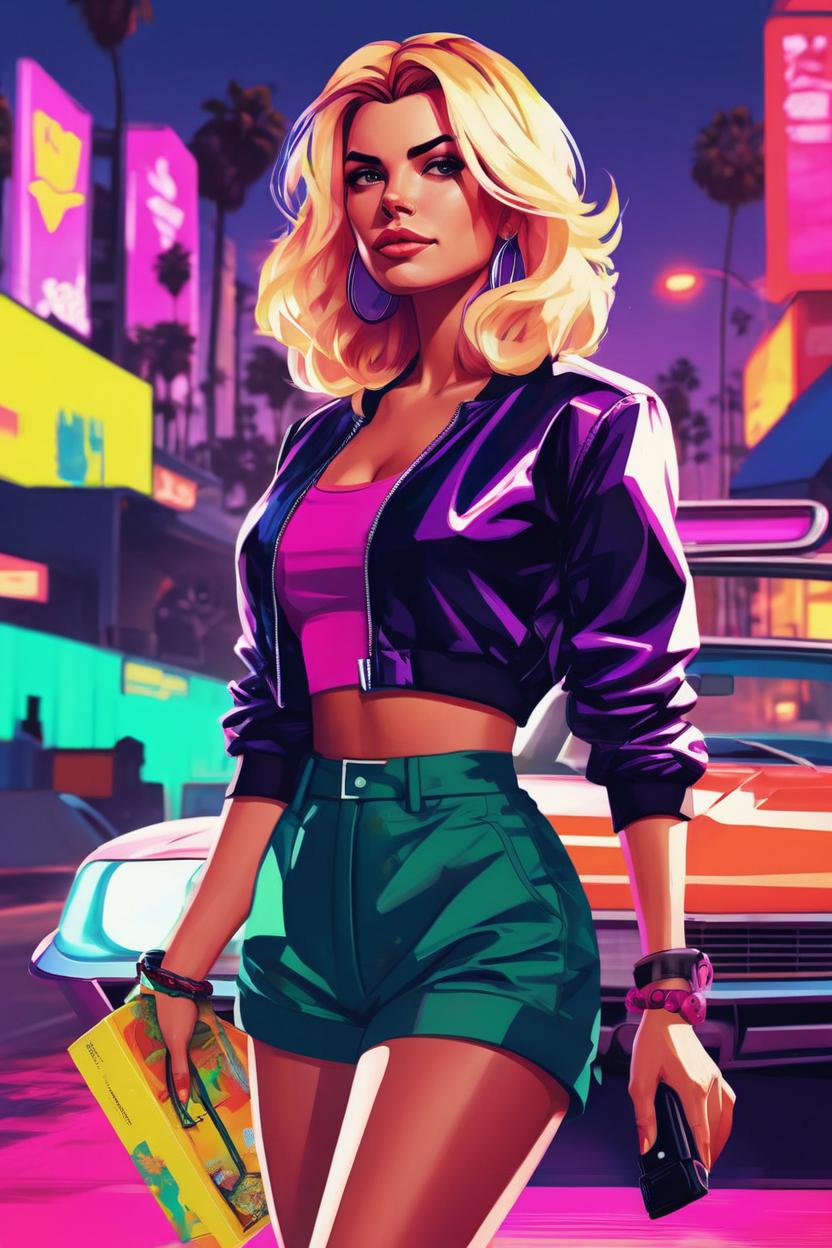 Artificial Intelligence (AI) generated image art, woman, SUBJECT, GTA 5 box art illustration, digital art, grand theft auto 6 poster art, colorful drawing, vivid colors, synthwave art, style of ilya kuvshinov, art by Patrick Brown, vector art