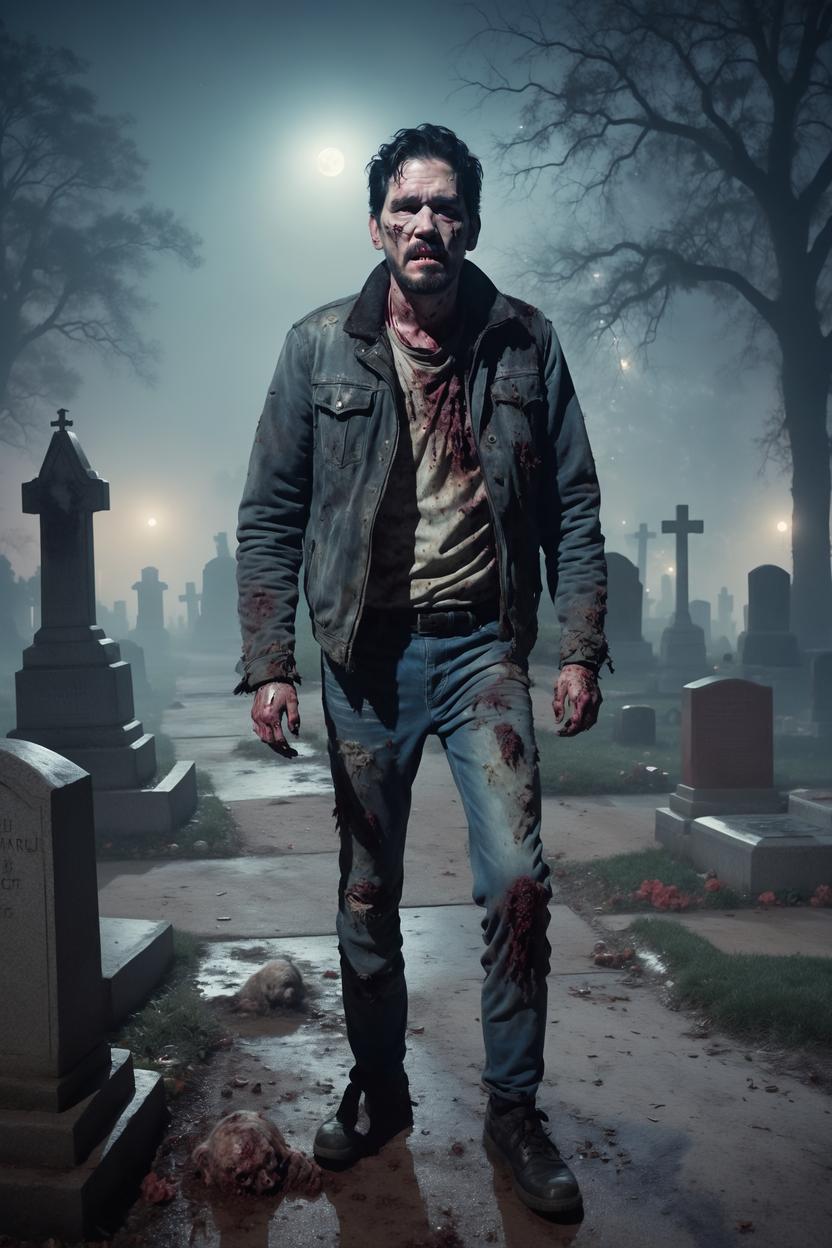 Artificial Intelligence (AI) generated image art, man, as a zombie, coming out of the ground, with decaying flesh, full body shot, vintage, 80s, realistic, in a cemetery, fog, moon, rats, (dark), other zombies
