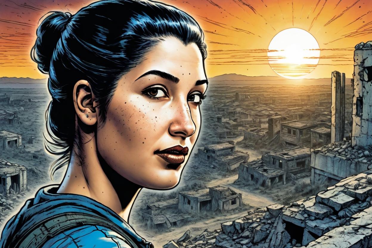 Artificial Intelligence (AI) generated image art, woman, (small empty area above head),(Robert Crumb comic book style), illustration, comics, portrait, scifi, landscape, face, scifi ruins background, sunset