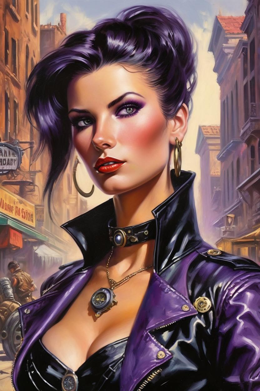 Artificial Intelligence (AI) generated image art, (classic fantasy pulp book cover art), (woman) looking in steampunk industrialized street, art by Boris Vallejo, 80s fantasy art, portrait, city street. ((chest)) ((natural eyes)) ((lush bodyshape)) ((super realistic)) ((Oil painting)) ((wearing black leather)) ((black and purple hair))