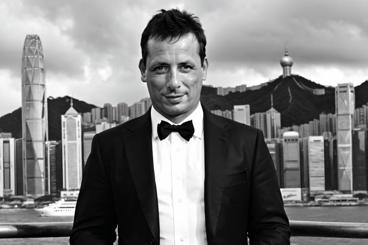 Artificial Intelligence (AI) generated image art, man, as a james bond character with hong kong background in black and white