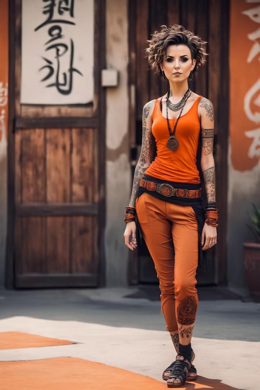 Artificial Intelligence (AI) generated image art, woman, full body view, head to toe, niji style, a stunning female femme fatale with short wavy hair, trendy clothing, orange color scheme, slender, toned body, tribal tattoos, sultry facial expression, urbancore , white and bronze, comics style, anime style