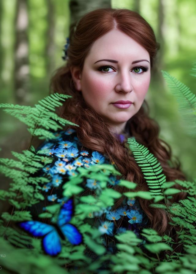 Artificial Intelligence (AI) generated image art, person, in a portrait she is stunningly beautiful .  in soft light, depth of field, in a forest. with beautiful  colorful eye-catching wildflowers. Iridescent hollowgraphic prismatic butterflies flying around.  zeiss lens, detailed, symmetrical, centered, fashion photoshoot, by annie leibovitz and steve mccurry, david lazar, jimmy nelsson, breathtaking, 8 k resolution, extremely detailed, beautiful, establishing shot, artistic, hyperrealistic, beautiful face, octane render, realistic portrait, she has a hauntingly beautiful ghostly presence, hazel eyes, ferns litter the forest floor, sun beams gently peek through tall majestic willow trees