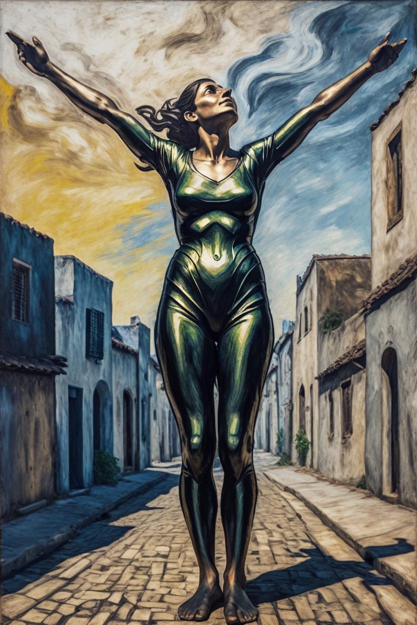 Artificial Intelligence (AI) generated image art, A dynamic (((fullbody view))) of woman (small empty area above head) in an oil painting in the style of Ernst Barlach