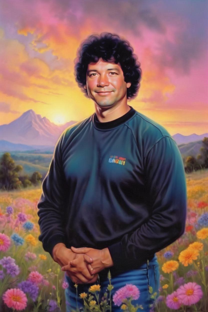 Artificial Intelligence (AI) generated image art, man happy birthday portrait , he is 40 years old, youthful appearance, standing peacefully In a big Feild of colorful wildflowers , realistic landscape portrait, he has short black curly hair, he looks at peace, there are pink, yellow and orange sunset clouds above her head, art by Boris Vallejo, art by Julie Bell, illustration, 80s fantasy art, portrait, landscape