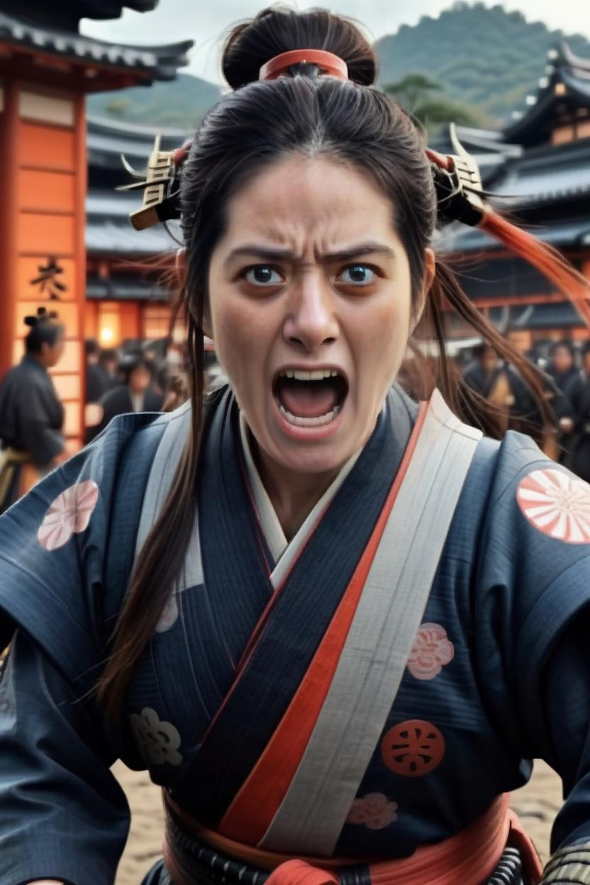 Artificial Intelligence (AI) generated image art, woman, as samurai fighting and screaming in the battlefield of Kyoto