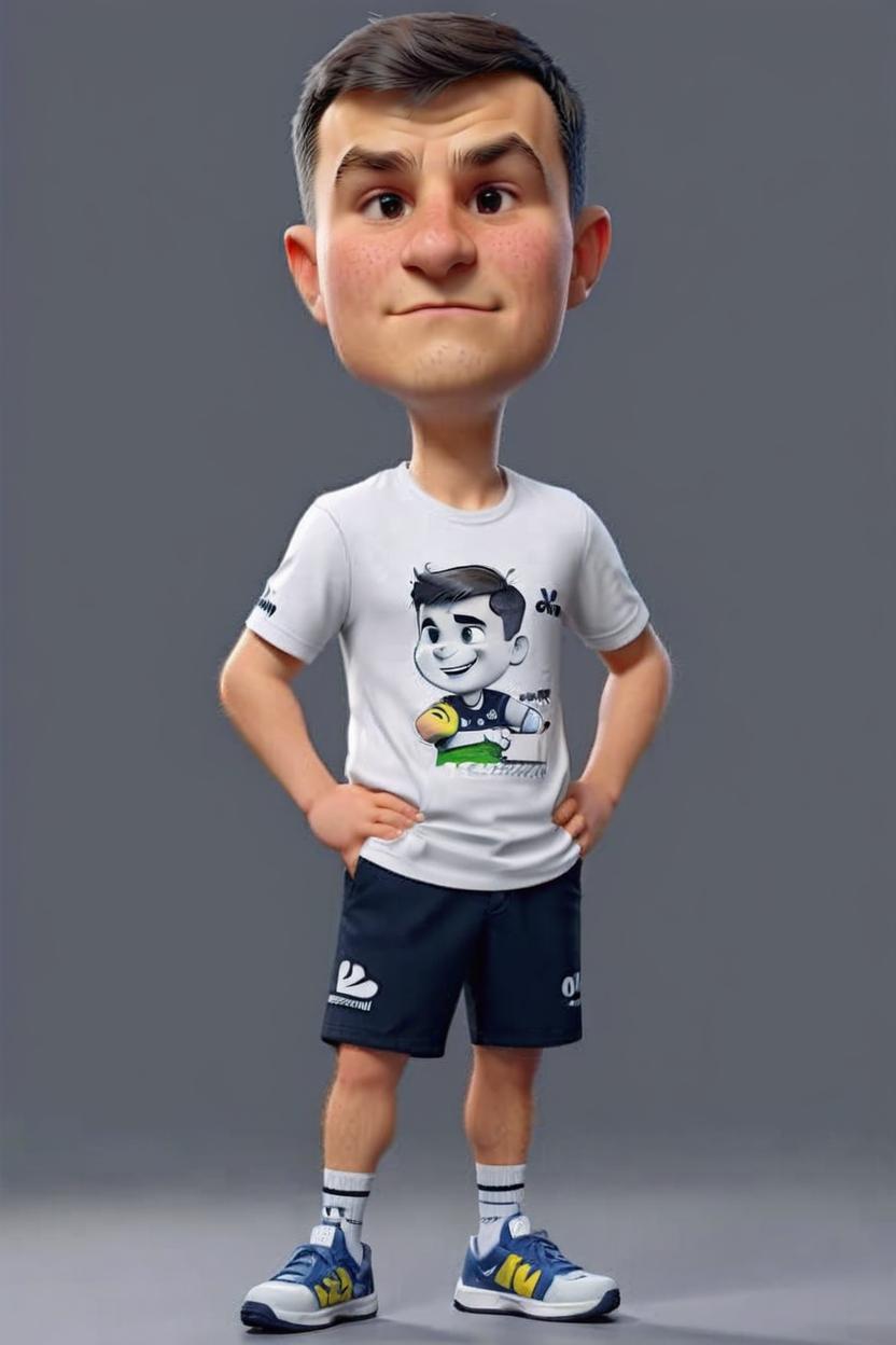Artificial Intelligence (AI) generated image art, man, a style of Disney pixar caricature, white tshirt, dark navy grey shorts, full body visible, highly detailed, cel shading, white studio, studio lighting, man facial features