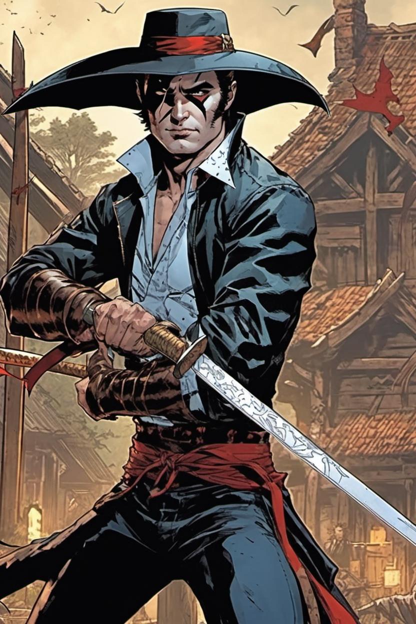 Artificial Intelligence (AI) generated image art, man, marvel comics, vampire hunter, katana, wooden stakes, marvel comics art