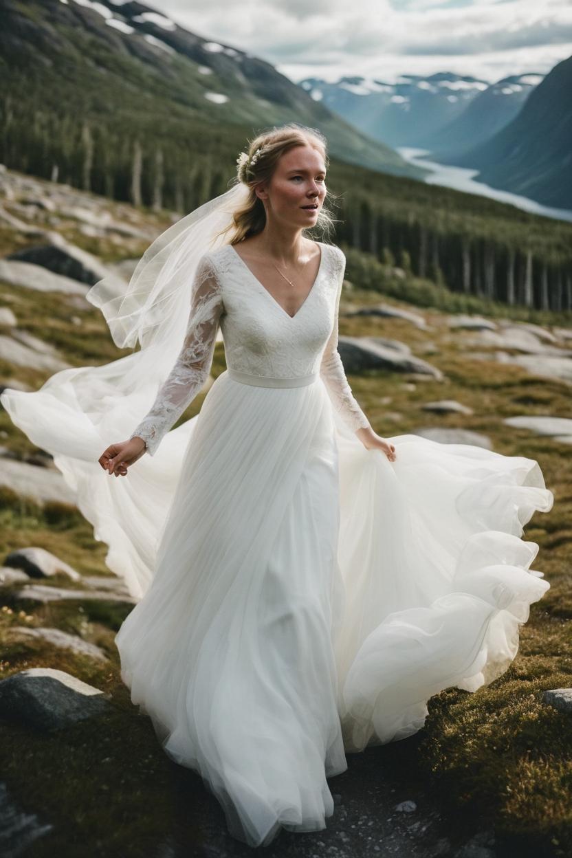 Artificial Intelligence (AI) generated image art, woman as beautiful bride, norwegian mountain wedding, outdoor, ultra detailed photography, light flowy wedding dress, motion photography