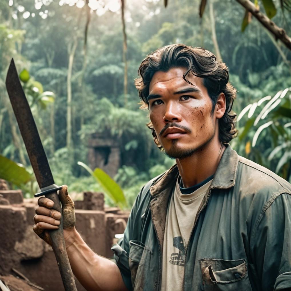 Artificial Intelligence (AI) generated image art, Photorealistic detail, handsome, and beautiful, picture of man at an archaeological dig, holding a trowel. Candid shot in the Peruvian jungle morning, sunlight rays piercing the canopy. man is next to a square hole in the ground where the archaeologists have been digging. Ancient ruins are scattered in the jungle background, crumbling and covered in overgrowth. Wearing fashionable archaeology work clothes, man looks rugged and handsome, and as natural and real as possible. Handsome, thick eyebrows. Picture is a side shot. Kodak Portra 800 film SMC Takumar 35mm f/ 2. 8 c 50, detailed and well lit. sharp focus, 4k. There are some tools lying around, perhaps a machete and or a shovel.