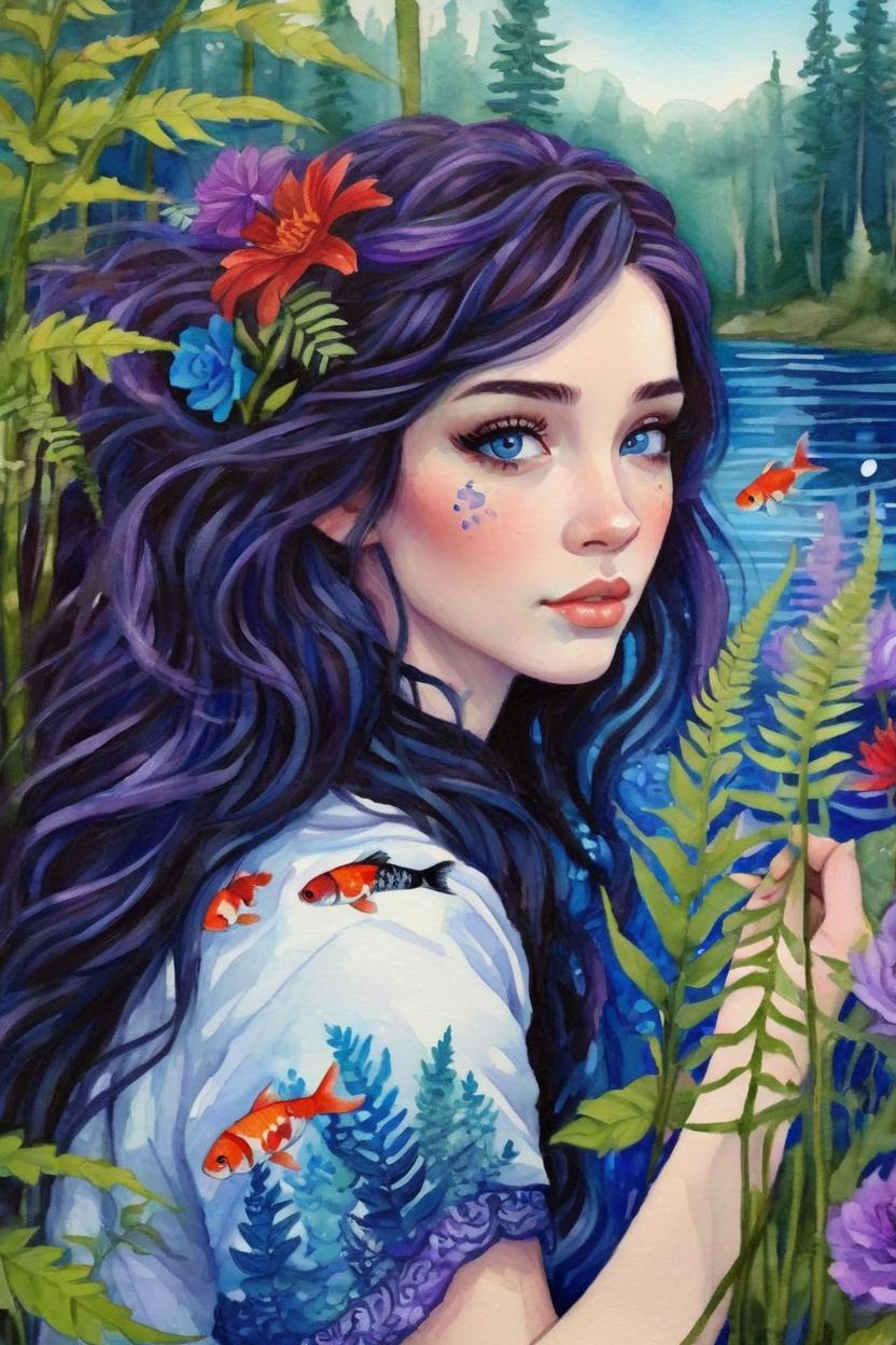 Artificial Intelligence (AI) generated image art, woman, cute, ((human women)), rescued with love, lakeside are ferns and fiddlesticks in background, purple blue red flowers spot background, intricate detailed, fine details, artsy, fantasy painting, koi pond with fish can be seen in the distance behind her, blue eyes, brunette hair, pretty girl, cute women,