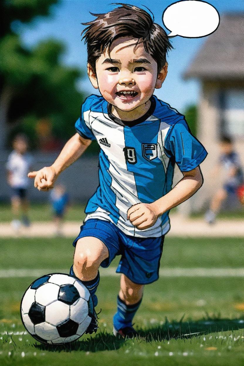 Artificial Intelligence (AI) generated image art, man, as a kid, playing soccer, comic book style drawing, anime, manga, concept art
