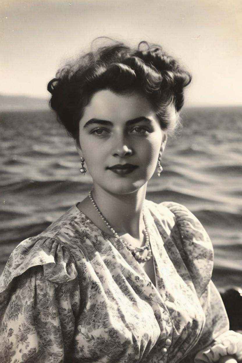 Artificial Intelligence (AI) generated image art, photo of beautiful woman, b&w, 1900 photograph, vintage, portrait, ((photorealistic)), sea in background, art by artgerm, contrast