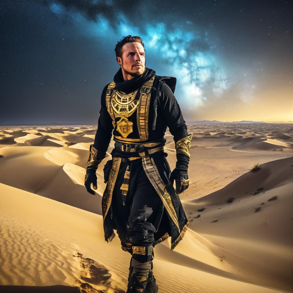Artificial Intelligence (AI) generated image art, man, An athletic and wealthy survivalist, dressed in black and gold attire, navigating the vast, mystical deserts. The scene is rich with ancient ruins and glowing sand dunes under a starlit sky